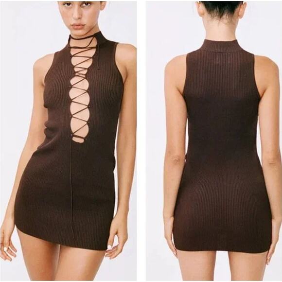 With Jean Dresses & Skirts - With Jean Amethyst Mini Dress Ribbed Lace Up Mock Neck Sleeveless Bodycon Brown